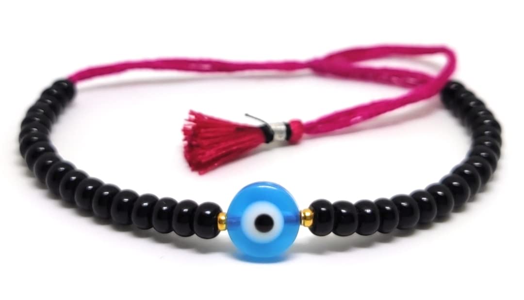 Jewel string Sea blue Evil Eye black bead Bracelet pink cord adjustable for girl women(Not for Anklet) tassle - Image 5 thumbnail