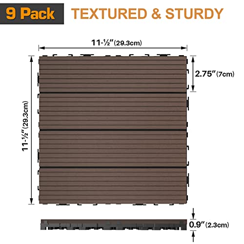 Goovilla Wood Plastic Composite Interlocking Patio Deck Tiles 9 Pack (9 Sq. Ft), 12"X12" Waterproof Indoor Outdoor Flooring All Weather Use, Balcony Floor Covering Tile, Decking Tiles, Dark Brown #TOP3