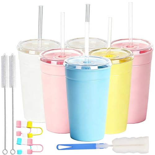 Alohastarttg Clear Tumbler Cup, 16 oz Plastic Iced Coffee Cup with Lid and Straw, 6 Pack, Reusable and Dishwasher Safe, for Gatherings and Outdoor Adventures (6, Bright Color)