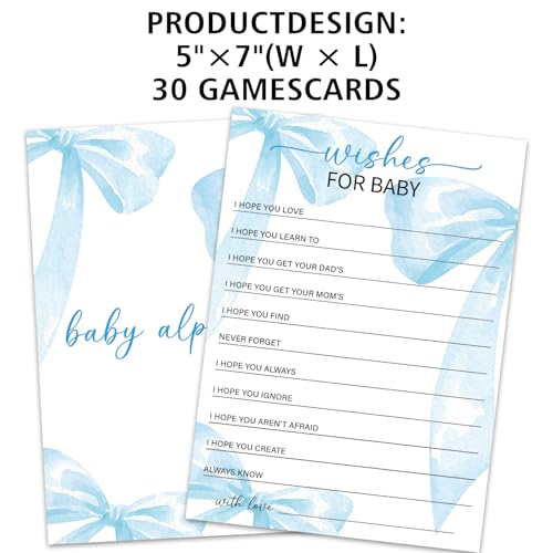 Wishes For Baby Game Cards, 30 Blue Bow Baby Shower Game Cards for Guests, Baby Announcement Gender Reveal Party Games Supplies & Activities -B06