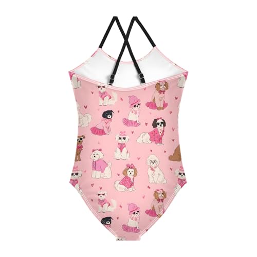 Pink Puppy Pattern Girls Swimsuit One Piece Bathing Suit Beach Swimwear with Adjustable Straps 3-10Years2