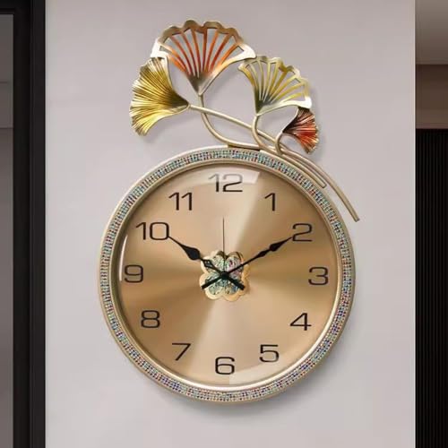 Horloge murale feuille de ginkgo 50cm en métal doré élégant pour salon