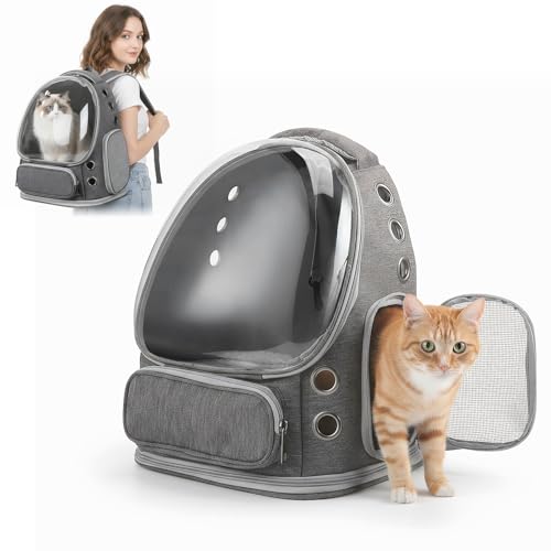 Zaino per gatti Bubble trasparente, con finestra a rete, portatile e pieghevole, fino a 5 kg, traspirante e leggero, per gatti, cani di piccola taglia, veterinario, viaggio (grigio, 42 x 34 x 27 cm)