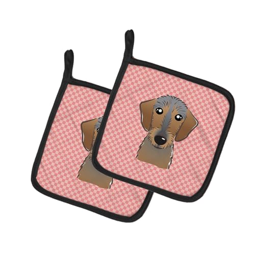 Caroline's Treasures BB1233PTHD Checkerboard Pink Wirehaired Dachshund Pair of Pot Holders Kitchen Heat Resistant Pot Holders Sets Oven Hot Pads for Cooking Baking BBQ, 7 1/2 x 7 1/2