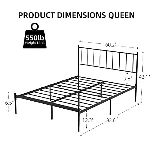 Idealhouse Queen Size Metal Platform Bed Frame With Headboard, Bed Frame Mattress Foundation With Slat Support And 12.3" Storage Height No Box Spring Needed For Girl Boy Adults Black #TOP1