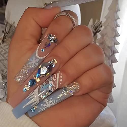FOAMEE Christmas Long Coffin Press on Nails Nude Glitter Fake Nails with Gem Designs Acrylic Glue on False Nails Glossy Stick on Nails for Women