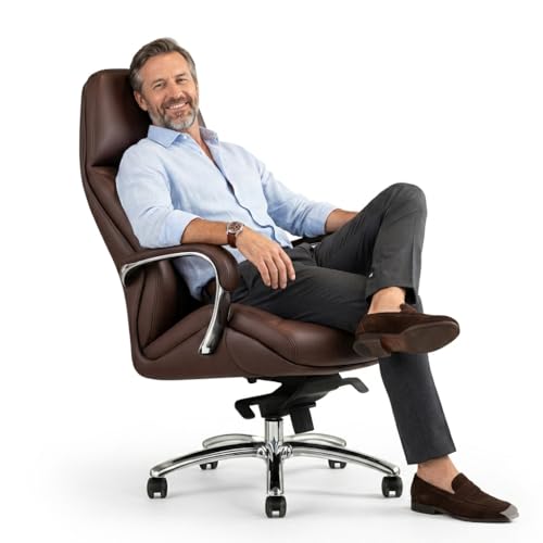 Image of Make My Chairs Boss High Back Ergonomic Leatherette Office Chair with 5 Star Strong Aluminium Base | Directors & MD Chairs | Executive Premium Chair (Brown,3 Years Warranty)