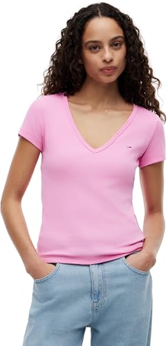 T-Shirt S/S Femme Tommy Jeans Tjw Slim Essential Rib V en maille côtelée stretch et confortable