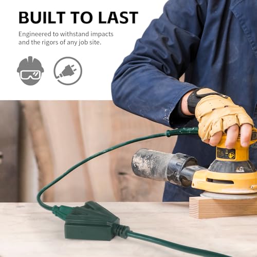 MaxWorks 80697 Heavy Duty 3-Ft Extension Cord, 16/3 SJTW, 3-Outlet, 125V/15A/1875W, ETL Approved, Indoor/Outdoor Use, Green – Converts 1 Outlet to 3