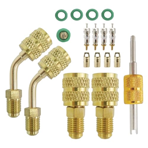Adaptador R410a para sistema mini split - Adaptador de puerto de carga y vacío, hembra de 5/16" a macho de 1/4" con brida - incluye extractor de núcleos de válvula, núcleos de válvula 5V1 y juntas para manguera R134a