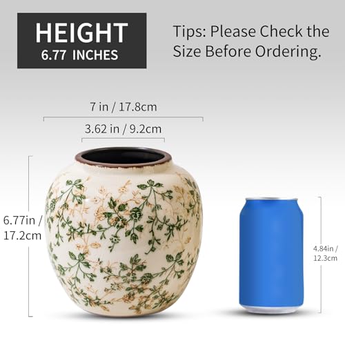 Image of Ceramic Flower Vase | Farmhouse Green Rustic Vase for Home Decor, Vintage Floral Pottery Tuscan Round Vase for Living Room & Kitchen, Mantel & Bookshelf, Centerpieces, Entryway, Wedding(6.7 Inch)