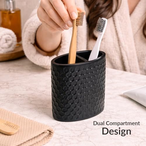 Image of MARKET 99 Black Diamond Cut Bathroom Accessories Set of 2 | Matte Black Polyresin Soap Dispenser & Toothbrush Holder | Luxury Bathroom Organizer Set for Vanity & Wash Basin