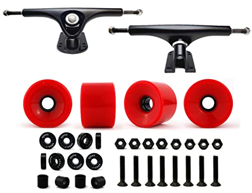 VJ Skateboard Longboard Truck and Wheel, 70mm Long Board Wheels w 7inch 180mm Skateboard Trucks (Black) Longboard Bearings Longboard Hardware Skateboard Riser Pads (Red)
