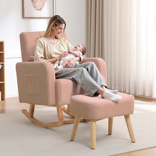 Image of HCHAIRH Rocking Nursery Chair with Ottoman, Upholstered Glider Rocker with High Backrest and Side Pocket, Comfy Reading Chair with Solid Wood Legs for Nursery, Living Room,Bedroom Coffee