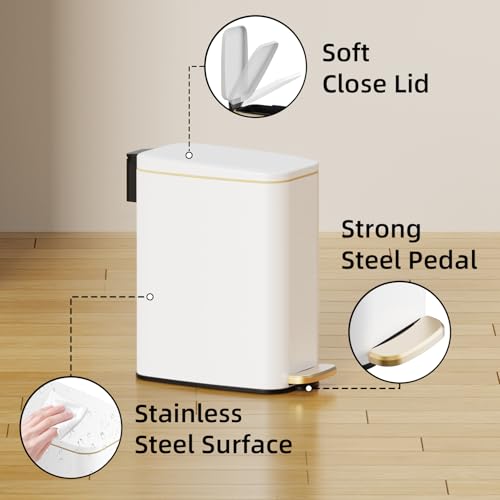 Image of KSSKSS Small Bathroom Trash Can with Lid Soft Close, Step Pedal, 6L / 1.6 Gal Stainless Steel Garbage Bin with Removable Inner Bucket, Slim Wastebasket for Narrow Spaces (Black) (White-P)