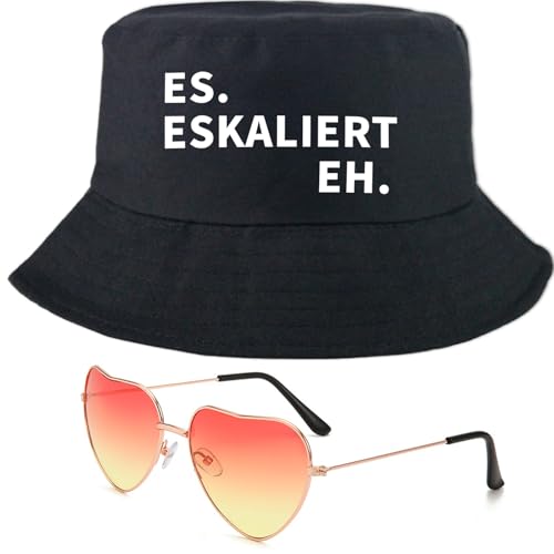 Lustiges Festival Zubehör Set - Fischerhut Damenn & Herren Mit Spruch Es Eskaliert Eh & Herz Sonnenbrille Anglerhut Für Malle Accessoires Karneval - Cooles Party Festival Outfit Damen Herren