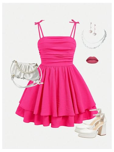 Image of SHENHE Girl's Smocked Ruched A Line Swing Dress Layered Tie Shoulder Flowy Cami Short Dress