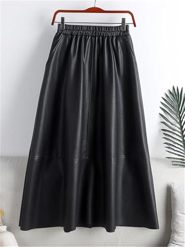 Women's Winter Faux PU Leather Midi Skirt Patchwork High Waist Elegant A-Line Umbrella Skirt with Pockets3