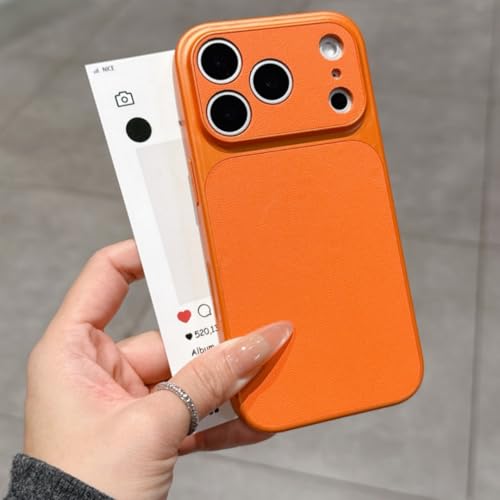 Coque iPhone 14 rigide en similicuir orange mat antichoc à grande fenêtre