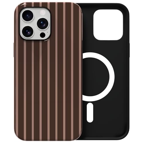 Skyseaco for iPhone 14 Pro Max Case with Magsafe Cute Striped Phone Case, Shockproof Slim Soft TPU and Hard PC Double Layer Protective Cover for Women, Brown