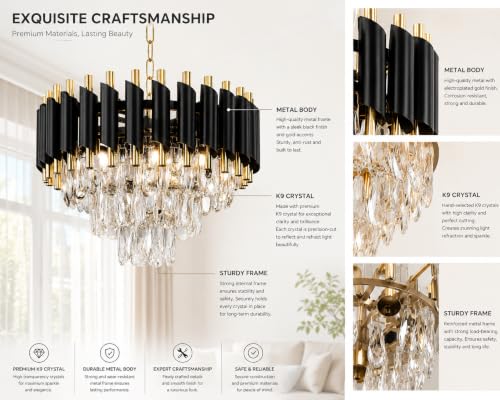 Image of Elegant Chandelier Ceiling Light for Living Room Hanging Pendant Light | Italian K9 Crystals | Metal Frame | Adjustable LED Light (Warm, Cool, Natural White) (Rotatable-300MM-Round-Black Gold)