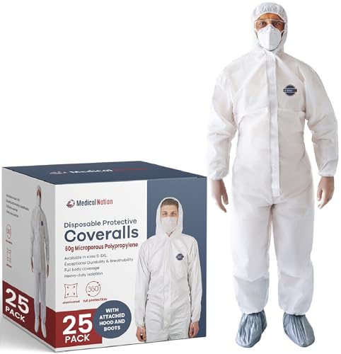 Medical Nation Hazmat Suits Disposable | 25 Pack | Protective Coveralls with Attached Hood and Boots...