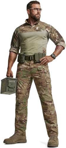 CQR Men's Flex Ripstop Tactical Pants, Water Resistant Stretch Cargo Pants, Lightweight EDC Hiking Work Pants, Marksman Camo Utility Camo, 34W x 30L