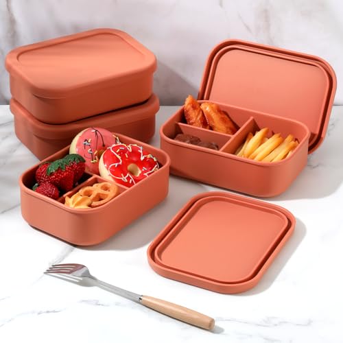 Image of Honeydak 4 Pcs Silicone Bento Box, 3 Compartment Lunch Food Container for Women Men, Leak Proof Microwave Easy to Clean Dishwasher Freezer Safe (Orange)