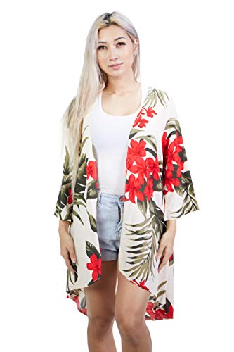 Women s Tropical Hawaiian Floral Print Kimono Beach Coverup (Small, Cream Red)