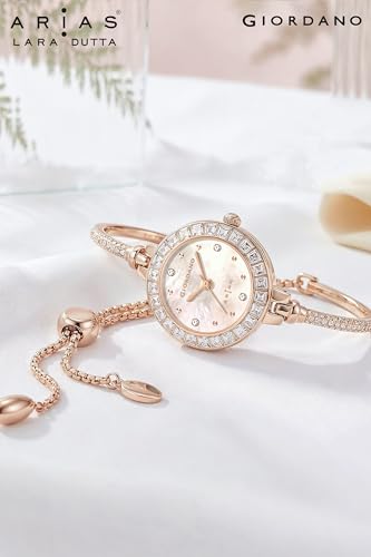 Image of Giordano Arias Lara Dutta Signature Collection Analog Quartz Watch for Women with Mother-of-Pearl Dial, Baguette-Cut Crystal Studded Bezel and Adjustable Chain Bracelet Strap