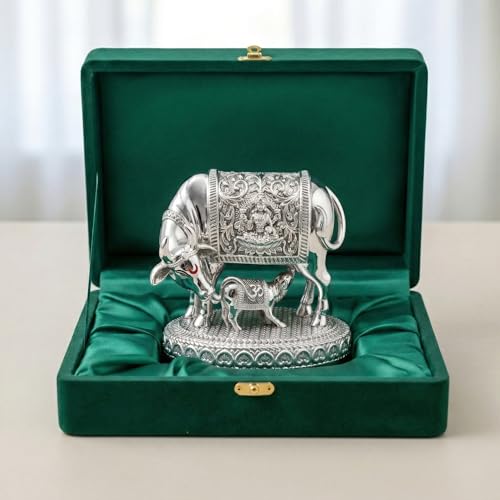 Image of 999 Pure Silver Plated Kamdhenu Cow Idol - 3.5 Inch Auspicious Vastu Home Decor for Pooja Room and Mandir - Sacred Symbol of Prosperity, Abundance and Luck - Ideal Religious