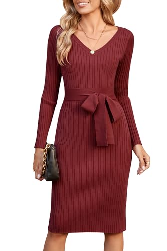 Newshows Strickkleid Damen Herbst Langarm Kleid Elegant Pulloverkleid V Ausschnitt Winterkleid Rot,M