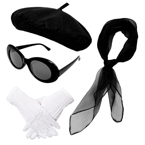 5 Pcs French Black Beret Hat Set Women Costume Accessories Including Scarf Gloves Beret Hat Sunglasses for Halloween