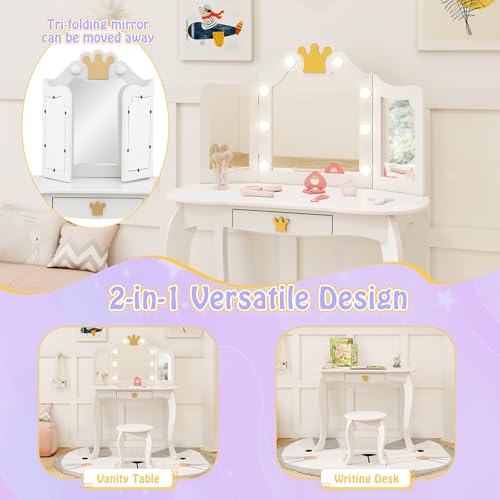 Image of KOTEK Kids Vanity with Lights, Crown Girls Vanity Set w /Tri-Folding Mirror, Detachable Top, Stool & Drawer, Wooden Toddler Makeup Desk, Pretend Play Kids Vanity Table and Chair Set (Classic White)