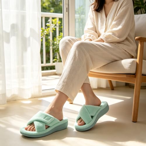 Image of BCSTUDIO Women's Orthopedic House Fuzzy Slippers with Arch Support | Plantar Fasciitis Relief Orthotic Furry Slippers, Open Toe, Cross-Band, Non-slip Sole, Machine Washable, Indoor Outdoor