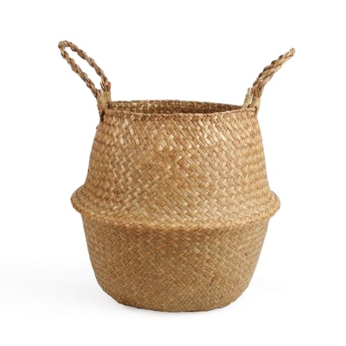 BlueMake Woven Seagrass Wicker Basket with Handle, Planters for Indoor Plants, Storage Picnic Basket Organizer, Garden Basket Fits 6-7 Inch Plant Pots Groceries (Small, Original)