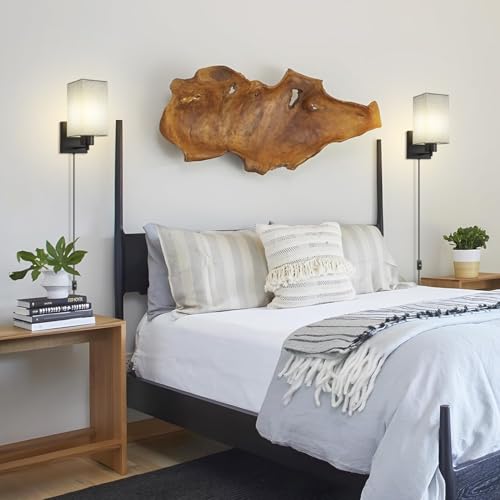 Image of KOONTING Plug in Wall Sconce Set of 2, Rustic Wall Lamp Wall Light Fixture | With Plug-in Cord and On /Off Toggle Switch, Grey Fabric Shade Wall Light for Headboard Bedroom Living Room (Square-Grey)