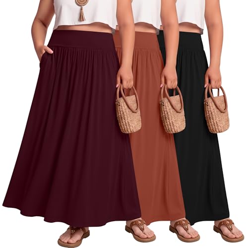 Ficerd 3 Pack Plus Size Maxi Skirts for Curvy Women
