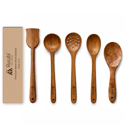 Image of Rusabl Pack of 5 Neem Wood Spatula, Spoonula, Slotted Spoon, Ladle, | Serving Spoon, Seamless Design Non Stick Cookware for Cooking and Baking