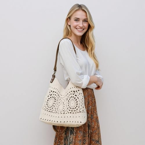 Eiyye Large Crochet Hobo Crossbody Bag for Women Handmade Purse Shoulder Bag for Travel, Vacation & Everyday Use (Off White)3