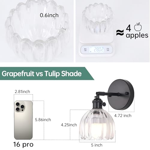 Image of Shenmoyl Vintage Battery Operated Wall Sconce with Transparent Tulip Glass Lampshade Rechargeable Battery Powered Black Wall Light with Remote Control for Bedside Bedroom Doorway