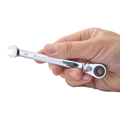 Image of BLACK CANYON 1 /4 Inch Ratchet Combination Wrench, 12-Point Box End & Hex Opening, Polished Steel Ratcheting Wrench with SAE & Metric Sizes