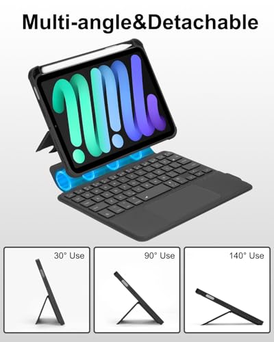Case with Trackpad Keyboard for iPad mini 7th(A17 Pro, 2024)/6th Generation 8.3 inch,7-Color Backlit Wireless Keyboard Magnetic Detachable Multi-Angle Stand Cover for iPad mini 6 7 Black