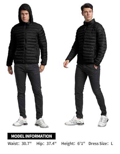 Puffer Jacket Men Packable Lightweight Down Winter Puffy Fashion Jacket With Hood, Black 2XL3