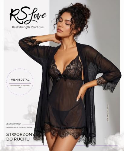 RSLOVE Seksowna bielizna dla kobiet koronkowa babydoll ze szlafrokiem koszula nocna bielizna nocna, Czarny, L