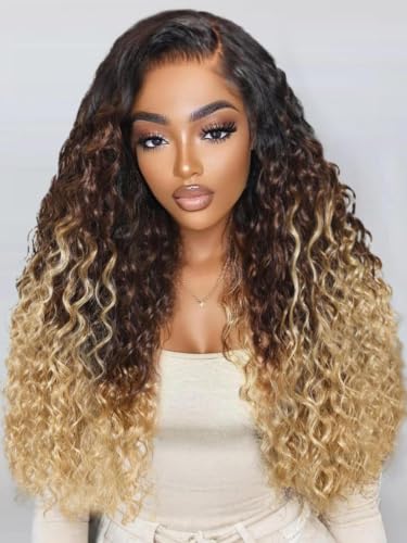 Beauty Forever Ombre Brown to Blonde Water Wave Drawstring Wig with Dark Roots 7x5 Bye Bye Knots Lace Front Glueless Wig Human Hair Pre Plucked Pre Cut Bleached Knots Ready to Go Wig for Women 16inch
