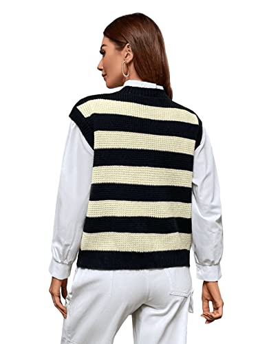 Romwe Women's Cable Knit Crop Sweater Vest Preppy Style Sleeveless V Neck Knitwear Tank Tops Black White Striped S #TOP1