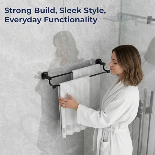 Image of Plantex Dual Towel Rod for Bathroom /Space Aluminium Towel Hanger /24inch Towel Holder /Bathroom Accessories - Pack of 1 (Powder Coated Black)