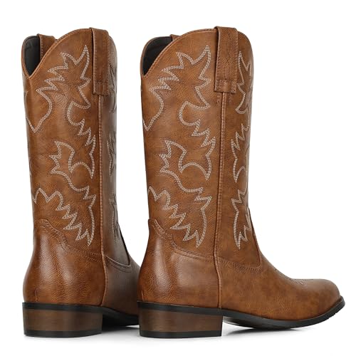 Image of femflame Cowboy Boots for Men Round Toe Distressed Work boots Embroidered Western Boots Traditional Country Boot