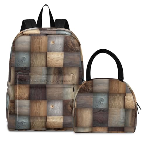 Plaid Wood Print Backpack Set with Lunch Bag, Large Capacity Travel Backpacks and Lunch Box Insulated for Commute Hiking Picnic